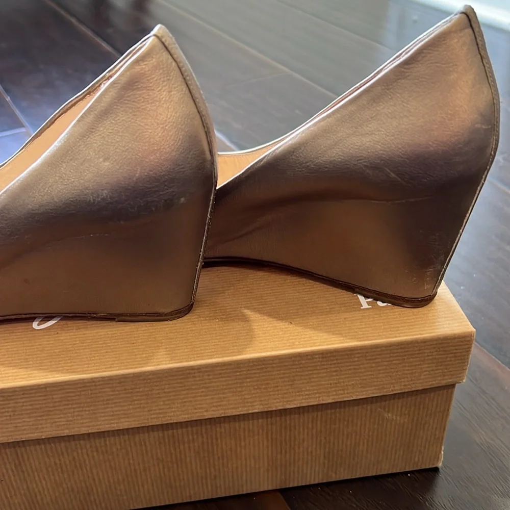 Christian Louboutin Light Gold Matatales 70 Peep Toe Wedges, size 38.5